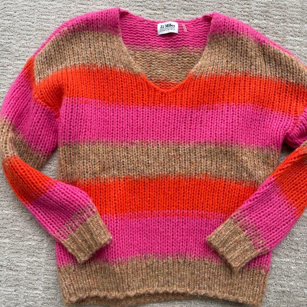 27 Miles Malibu Size XS Mohair Alpaca Wool Stripe Blossom Orange Pink Tan Sweate